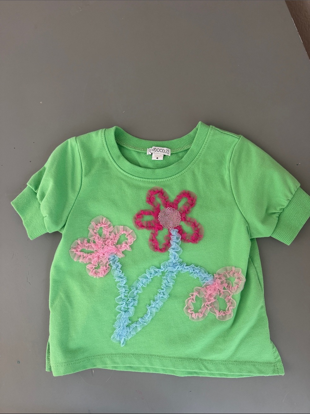 Flapdoodles Bright Green Tee with Pink & Blue Flower Appliqués